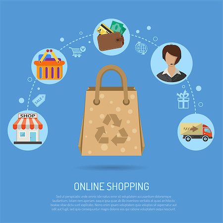 simsearch:400-08133385,k - Online Shopping Concept infographics with flat Icons shop, delivery, basket and goods. isolated vector illustration Fotografie stock - Microstock e Abbonamento, Codice: 400-08818859