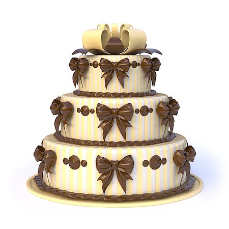 Three floors yellow cake with ribbon bows. 3D render illustration isolated on white background Stock Photo - Budget Royalty-Free & Subscription, Code: 400-08819088