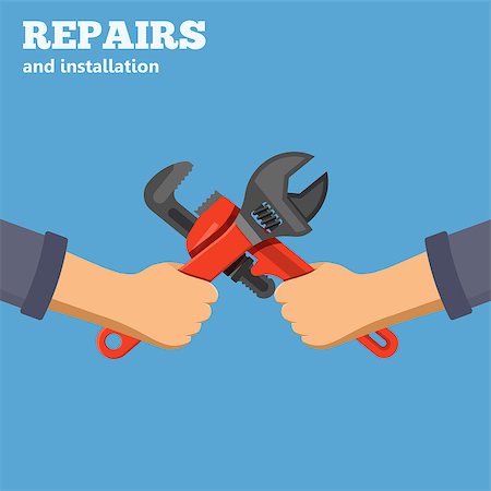 simsearch:400-08784546,k - Plumbing Service concept Repair and installation falt icons hands with spanner and wrench. isolated vector illustration Stock Photo - Budget Royalty-Free & Subscription, Code: 400-08819206