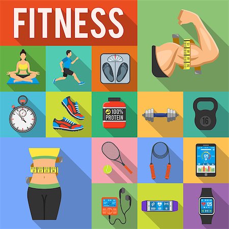 simsearch:400-07976328,k - Fitness, Gym, Health Flat Icons Set with Long Shadow like Yoga, Runner, Weight and Gadgets. vector illustration Foto de stock - Royalty-Free Super Valor e Assinatura, Número: 400-08819207