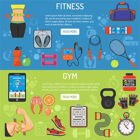 simsearch:400-07976328,k - Fitness and gym horizontal banners with flat icons Scales, biceps, waistline and weight. vector illustration Foto de stock - Royalty-Free Super Valor e Assinatura, Número: 400-08819209