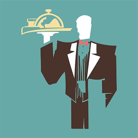 restaurant server order - Silhouette elegant waiter holding a tray with a dish. Art retro style Stock Photo - Budget Royalty-Free & Subscription, Code: 400-08819401