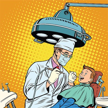 Dentist treats teeth boy. Pop art retro vector illustration. Medicine and health care. happy patient Stock Photo - Budget Royalty-Free & Subscription, Code: 400-08819515