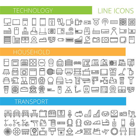 Vector illustration of thin line icons for technology household and transport - Linear symbols set Stock Photo - Budget Royalty-Free & Subscription, Code: 400-08819613