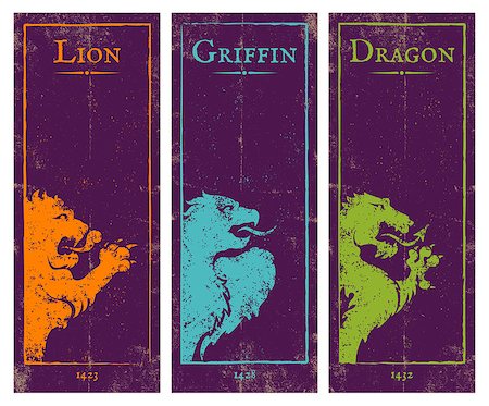 Vector set vintage posters with lion, griffin and dragon. Game banners with animals. Stock Photo - Budget Royalty-Free & Subscription, Code: 400-08810094