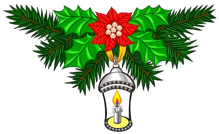 simsearch:400-07246701,k - Christmas decoration with fir branches and candle. Merry Christmas and Happy New Year vector illustration illuminated by candle light Stock Photo - Budget Royalty-Free & Subscription, Code: 400-08810254