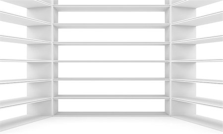 Empty shelves, blank bookcase library. White background. 3D rendering Stock Photo - Budget Royalty-Free & Subscription, Code: 400-08810274