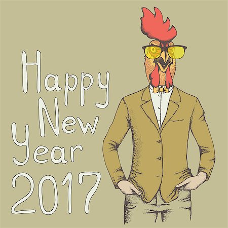 simsearch:400-09080674,k - Christmas Rooster vector illustration. Rooster in human suit. 2017 new year of the rooster Foto de stock - Super Valor sin royalties y Suscripción, Código: 400-08810892