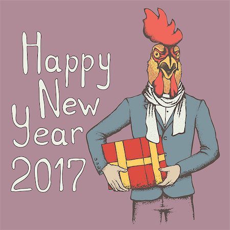 Christmas Rooster vector illustration. Rooster in human suit with gift. 2017 new year of the rooster Stock Photo - Budget Royalty-Free & Subscription, Code: 400-08810893