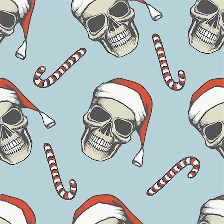 Vector Seamless Christmas skull illustration. Hand drawn skull. Spooky and scary halloween skull. Seamless pattern Stock Photo - Budget Royalty-Free & Subscription, Code: 400-08811298