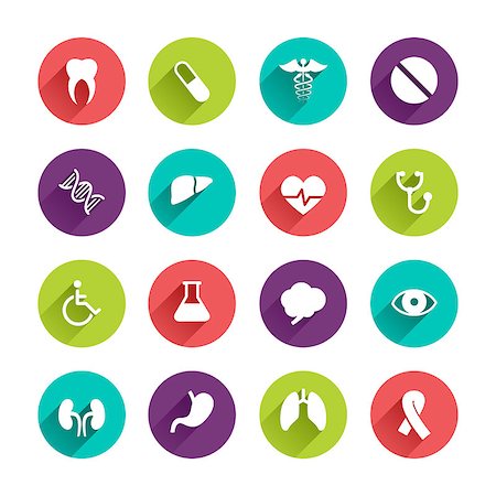 simsearch:400-08135040,k - Vector Application  Web Icons Set in Flat Design with Long Shadows on circle buttons with tooth pill caduceus liver heart laboratory brain eye kidney lung cancer dna stomach disabled signs Photographie de stock - Aubaine LD & Abonnement, Code: 400-08811733