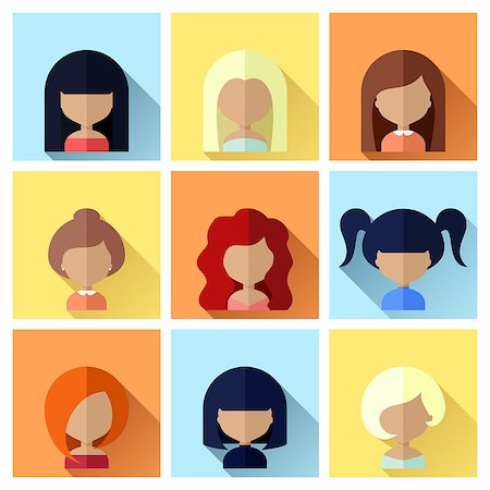 Colorful Avatars Female Square Icons Set in Flat Style with Long Shadow Stock Photo - Budget Royalty-Free & Subscription, Code: 400-08811773