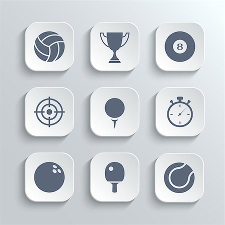 pong - Sport icons set - vector white app buttons with volleyball trophy cup billiard  golf stopwatch bowling ping pong tennis Stock Photo - Budget Royalty-Free & Subscription, Code: 400-08811784