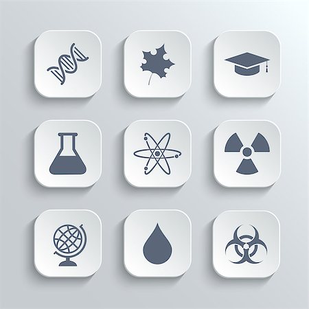 Science icons set - vector white app buttons with dna maple leaf graduation cap atom radioactivity bio hazard laboratory bulb globe drop water Stock Photo - Budget Royalty-Free & Subscription, Code: 400-08811786