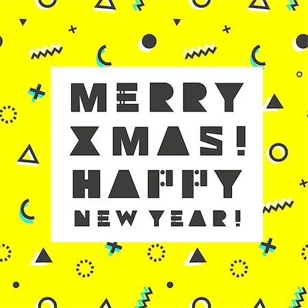 Merry Christmas. Happy New Year card in retro 80s-90s style. Memphis trendy art. Vector illustration. Stockbilder - Microstock & Abonnement, Bildnummer: 400-08811903