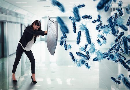 3D Rendering. woman protects with the shield by an attack of bacteria Stock Photo - Budget Royalty-Free & Subscription, Code: 400-08812020