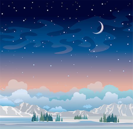 Winter night landscape. Blue starry sky with moon and green forest with mountains. Nature vector illustration. Foto de stock - Super Valor sin royalties y Suscripción, Código: 400-08812498