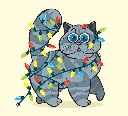 simsearch:400-07979051,k - Funny domestic fluffy cat caught in cristmas garlands. Cartoon vector holiday illustration. Stock Photo - Budget Royalty-Free & Subscription, Code: 400-08812491