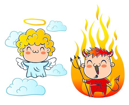 Angel on cloud and devil with fire. Good and bad. Costumes angel and devil. Stockbilder - Microstock & Abonnement, Bildnummer: 400-08812505