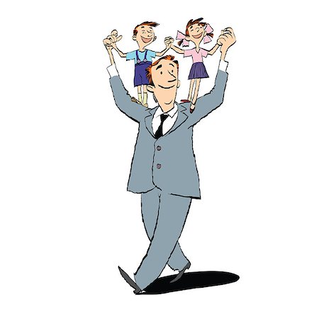 pustovit (artist) - Happy father with children on their shoulders, hand drawn vector illustration. A boy and a girl, a daughter and a son. Color illustration Fotografie stock - Microstock e Abbonamento, Codice: 400-08812907