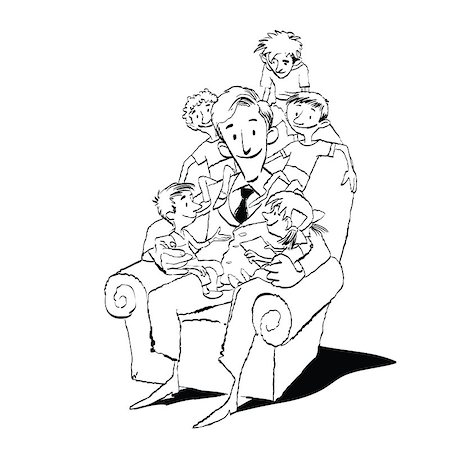 pustovit (artist) - Large family, dad in a chair with children, hand drawn vector illustration. Many children. Black and white illustration Fotografie stock - Microstock e Abbonamento, Codice: 400-08812908