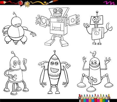 simsearch:400-07055397,k - Black and White Cartoon Illustration of Robot Characters Set Coloring Book Foto de stock - Super Valor sin royalties y Suscripción, Código: 400-08813082