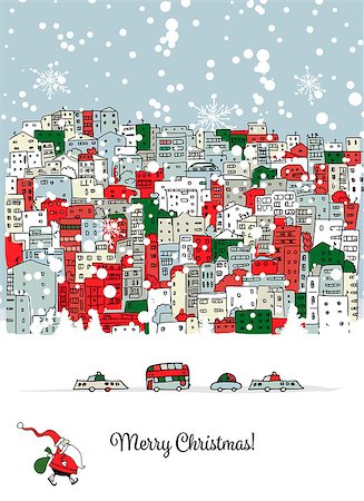 snowflakes on window - Merry christmas postcard with cityscape background. Vector illustration Foto de stock - Super Valor sin royalties y Suscripción, Código: 400-08813314