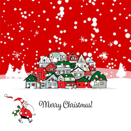 snowflakes on window - Merry christmas postcard with cityscape background. Vector illustration Photographie de stock - Aubaine LD & Abonnement, Code: 400-08813315