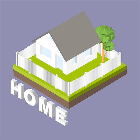 simsearch:400-08506415,k - Isometric 3D icon. Pictograms house with a white fence and trees. Vector illustration eps 10. Foto de stock - Super Valor sin royalties y Suscripción, Código: 400-08813361