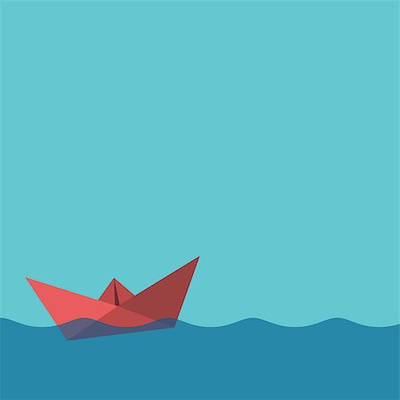 floating a paper boat - One red paper boat sailing on water surface with waves. Sky background. Copy space. Courage and freedom concept. Flat design. EPS 10 vector illustration, transparency used Stock Photo - Budget Royalty-Free & Subscription, Code: 400-08813519