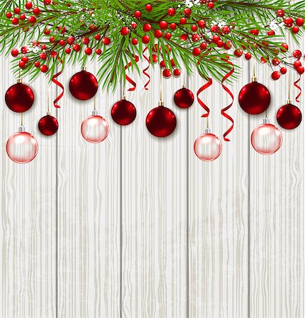 simsearch:400-08813741,k - Christmas card with green fir branch and red decorations on a wooden background. Vector illustration. Photographie de stock - Aubaine LD & Abonnement, Code: 400-08813739