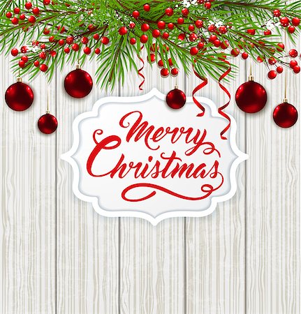 simsearch:400-08813741,k - Christmas card with green fir branch, red decorations and greeting inscription on a wooden background. Vector illustration. Merry Christmas lettering. Photographie de stock - Aubaine LD & Abonnement, Code: 400-08813742