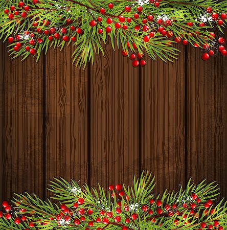 simsearch:400-08813741,k - Decorative Christmas card with green fir branch and red berries on a wooden background. Vector illustration. Photographie de stock - Aubaine LD & Abonnement, Code: 400-08813750