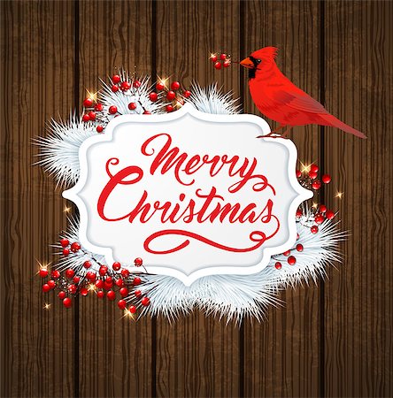 simsearch:400-08813741,k - Christmas banner with red berries, white fir branch and cardinal bird on wooden background. Merry Christmas lettering. Design for greeting Christmas card. Photographie de stock - Aubaine LD & Abonnement, Code: 400-08813764