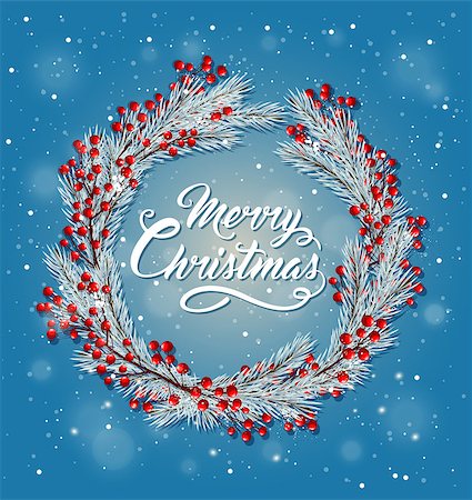 simsearch:400-08813741,k - Decorative Christmas wreath with red berries and fir branches on a blue background. Merry Christmas lettering. Photographie de stock - Aubaine LD & Abonnement, Code: 400-08813766