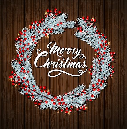 simsearch:400-08813741,k - Decorative Christmas wreath with red berries and fir branches on a wooden background. Merry Christmas lettering. Photographie de stock - Aubaine LD & Abonnement, Code: 400-08813767