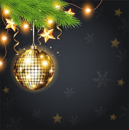 simsearch:400-08813741,k - Golden shining Christmas decoration and green fir on a black background. Design for Christmas card. Photographie de stock - Aubaine LD & Abonnement, Code: 400-08813775