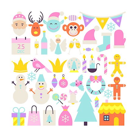 Merry Christmas Cute Objects. Flat Design Vector Illustration. Happy New Year Colorful Items. Stock Photo - Budget Royalty-Free & Subscription, Code: 400-08813990