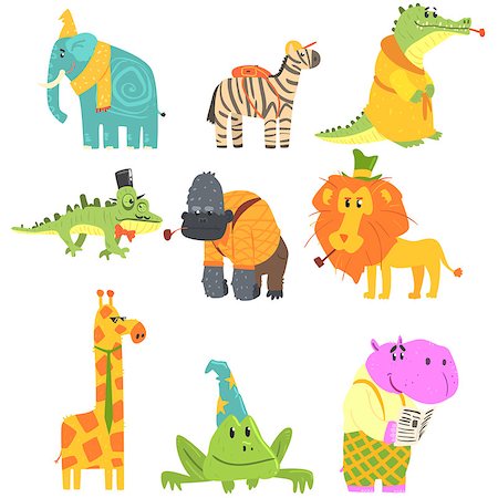 African Animals With Human Attributes And Clothing Set Of Comic Cartoon Characters. Jungle Wild Fauna With Old-School Accessories Vector Colorful Illustrations Stock Photo - Budget Royalty-Free & Subscription, Code: 400-08820018