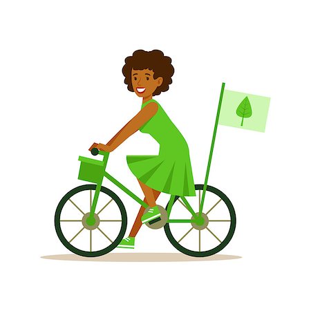 riding bike with basket - Woman On Bicycle Using Green Transportation , Contributing Into Environment Preservation By Using Eco-Friendly Ways Illustration. Part Of People And Ecology Series Of Vector Cartoon Drawings. Stock Photo - Budget Royalty-Free & Subscription, Code: 400-08820051