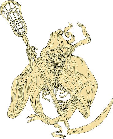 devils of deaths reapers - Drawing sketch style illustration of the grim reaper lacrosse player holding a crosse or lacrosse stick defense pole viewed from front on isolated white background. Stock Photo - Budget Royalty-Free & Subscription, Code: 400-08820402