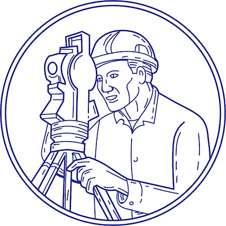 simsearch:400-07500332,k - Mono line style illustration of a surveyor geodetic engineer with theodolite instrument surveying viewed from side set inside circle on isolated background. Stock Photo - Budget Royalty-Free & Subscription, Code: 400-08820470