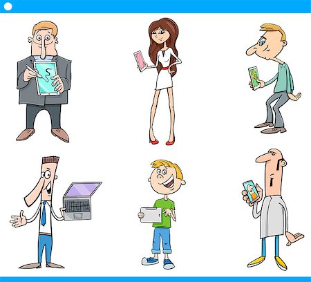 simsearch:400-06093571,k - Cartoon Illustration Set of People with Computers or Tablets and Smart Phones New Technology Electronic Devices Photographie de stock - Aubaine LD & Abonnement, Code: 400-08820526