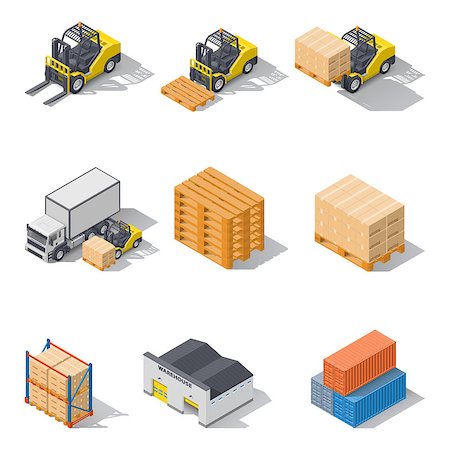 Storage equipment isometric icons set. It includes vehicles, forklifts in various combinations, trailers, shelves, pallets with goods, and warehouse building Stock Photo - Budget Royalty-Free & Subscription, Code: 400-08820591