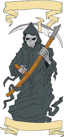 devils of deaths reapers - Drawing sketch style illustration of the grim reaper holding scythe viewed from front with scroll set on isolated white background. Stock Photo - Budget Royalty-Free & Subscription, Code: 400-08820603