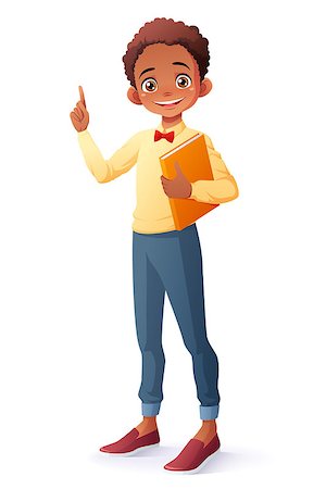 Cute and clever smiling young African ethnic school student boy holding book got the idea and index finger pointing up. Cartoon style vector illustration isolated on white background. Photographie de stock - Aubaine LD & Abonnement, Code: 400-08834129