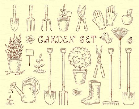 spade shovel vintage - vintage sketch set of hand drawn gardening tools Photographie de stock - Aubaine LD & Abonnement, Code: 400-08834178