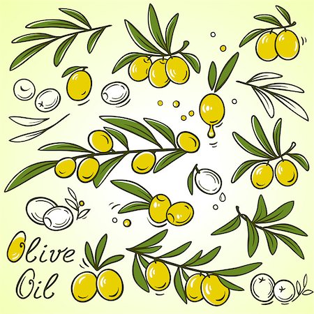 hand drawn set icons of olive branches and oil drops Stock Photo - Budget Royalty-Free & Subscription, Code: 400-08834179
