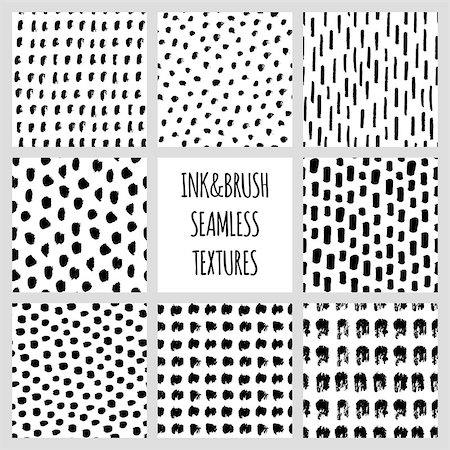 simple background designs to draw - Set of eight seamless black and white vector free hand doodle textures, dry brush ink art. Vector illustration. Stock Photo - Budget Royalty-Free & Subscription, Code: 400-08834196