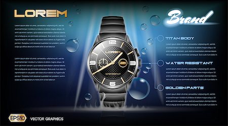 Digital vector dark silver classic man watch mockup with blue bubbles, with your brand, ready for print ads or magazine design. Glossy and shine, realistic 3d style Stock Photo - Budget Royalty-Free & Subscription, Code: 400-08834204